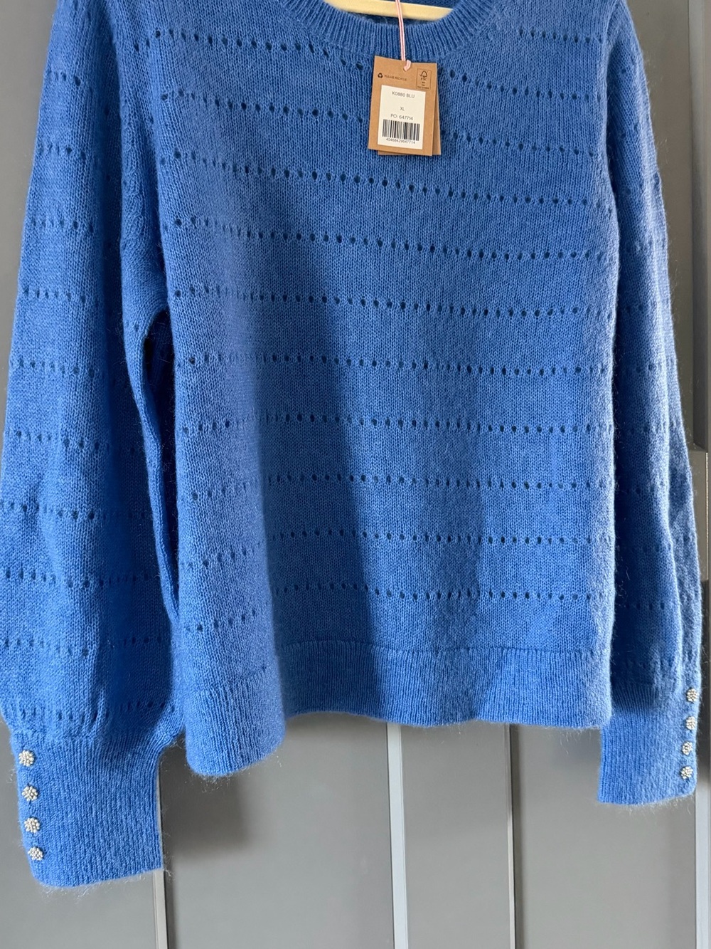 Boden Mohair Blue Open-Knit Crewneck Sweater with Button Cuffs